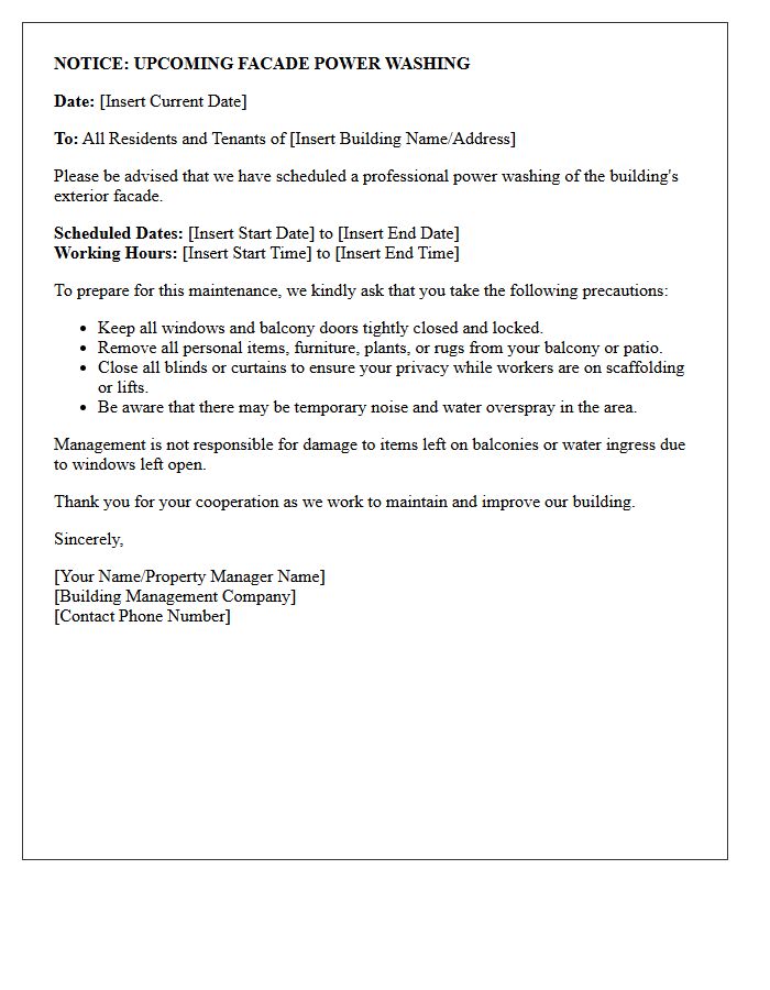 Letter of Notice Regarding Upcoming Facade Power Washing