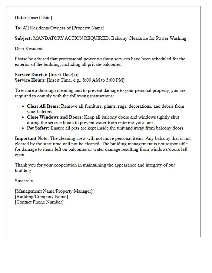 Mandatory Balcony Clearance Letter for Power Washing Services