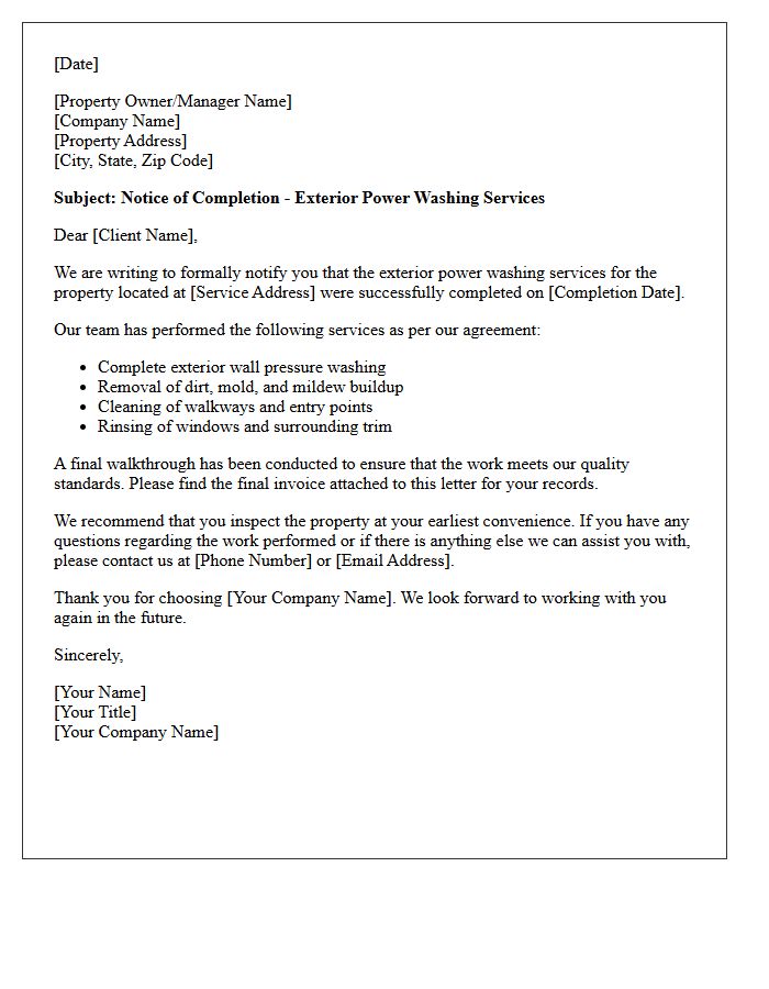 Post-Service Building Exterior Power Washing Completion Letter