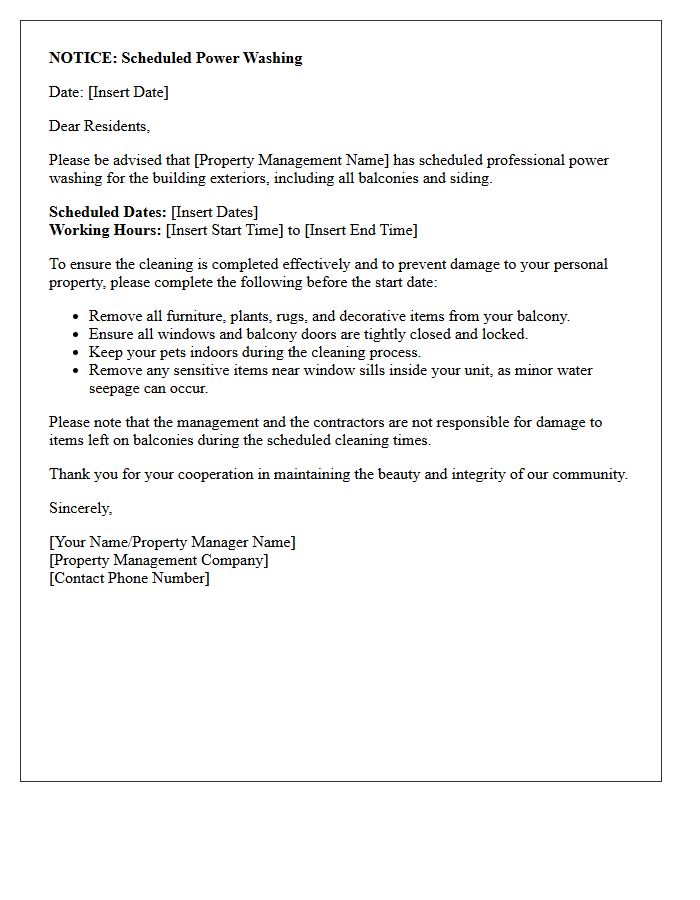 Property Management Letter for Balcony and Siding Power Washing