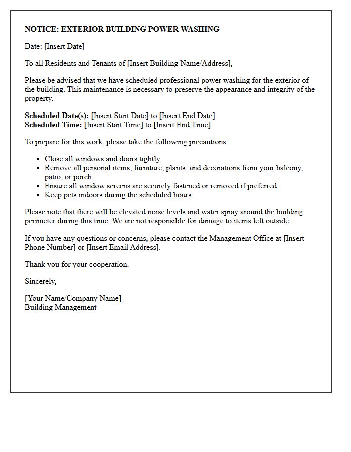 Standard Notice Letter for Building Exterior Power Washing