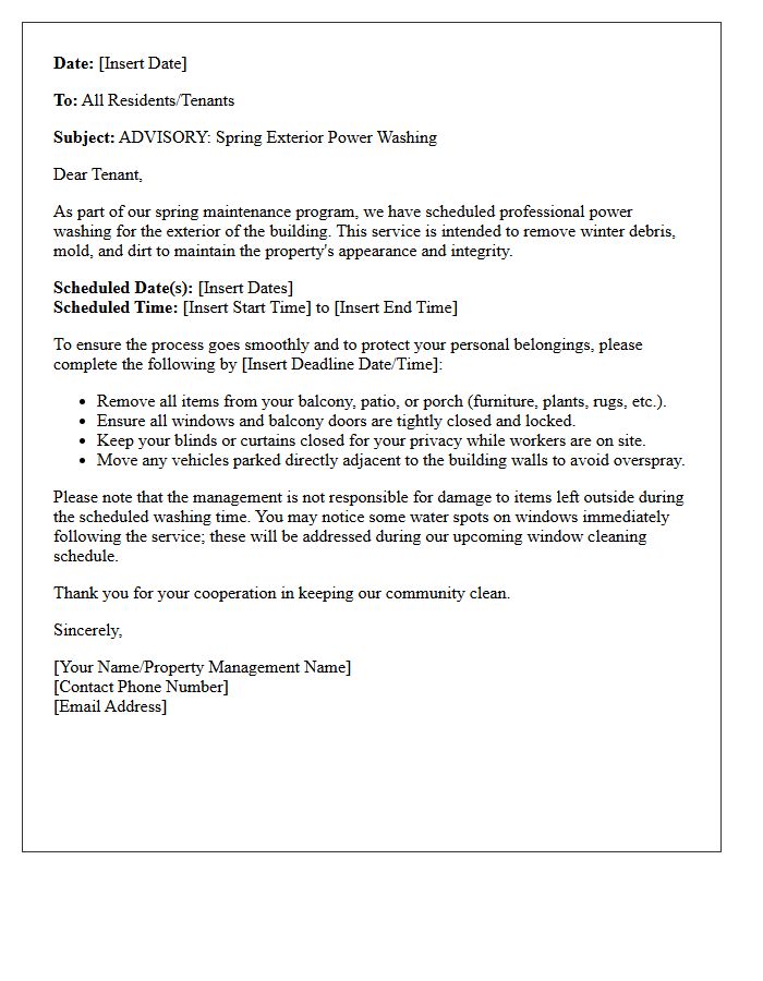 Tenant Advisory Letter for Spring Exterior Power Washing