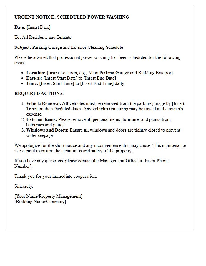 Urgent Notice Letter for Parking Garage and Exterior Power Washing