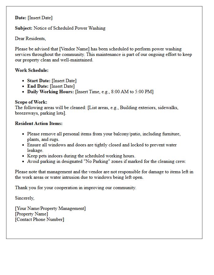 Vendor Scheduled Power Washing Notification Letter for Residents