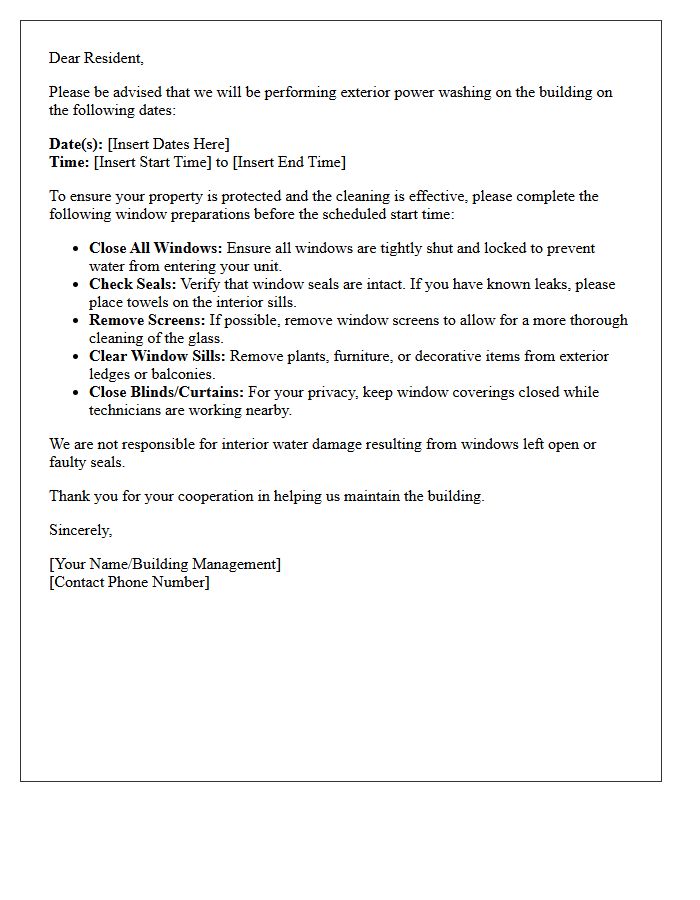 Window Preparation Letter Before Building Exterior Power Washing