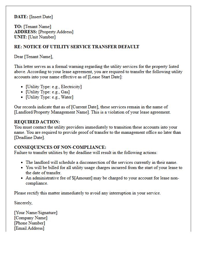 Default Utility Service Transfer Warning Letter