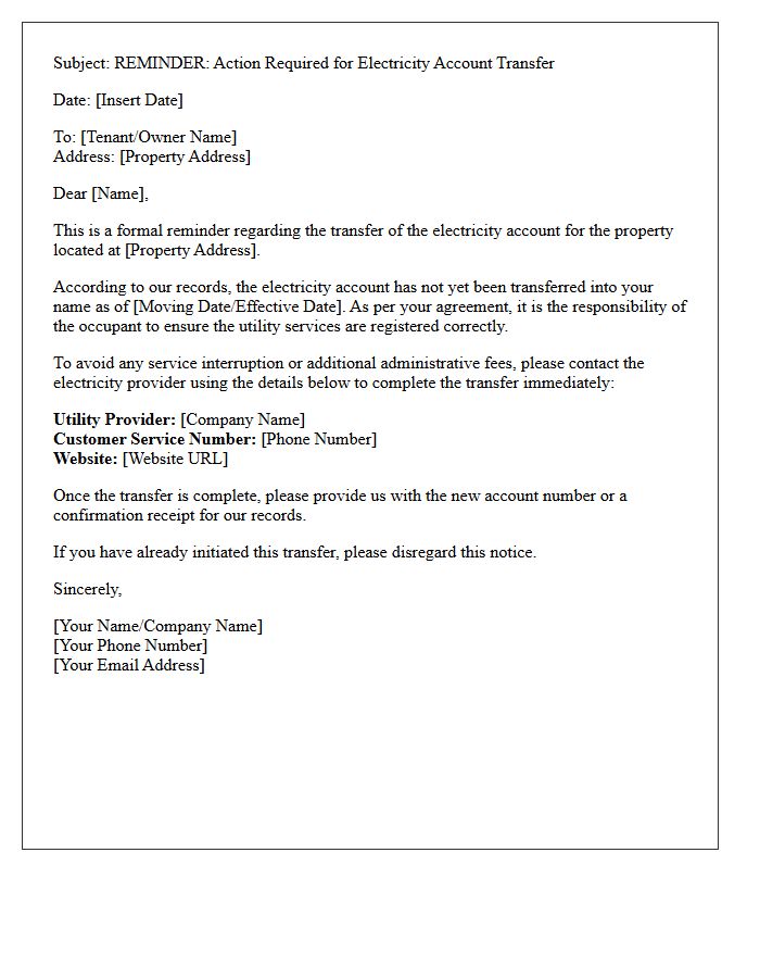 Electricity Account Transfer Reminder Letter