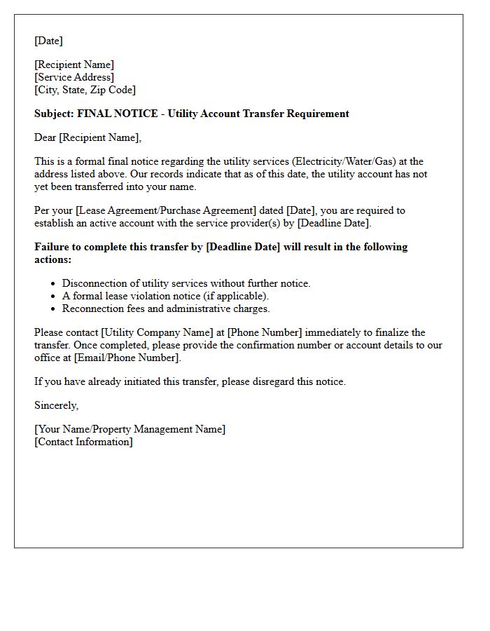 Final Notice for Utility Account Transfer Letter