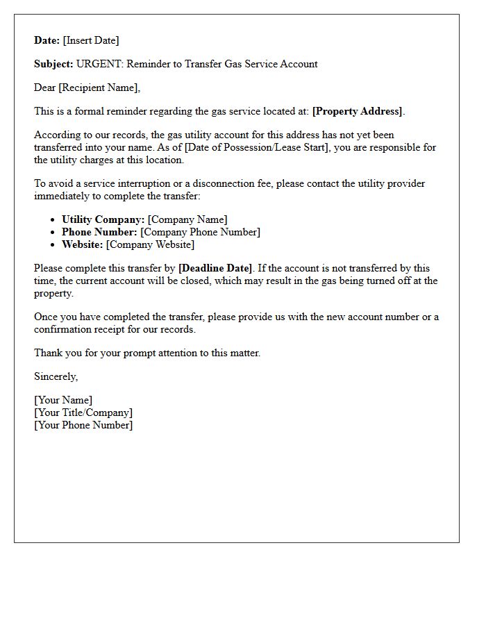 Gas Service Account Transfer Reminder Letter