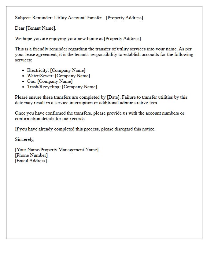 New Tenant Utility Account Transfer Reminder Letter
