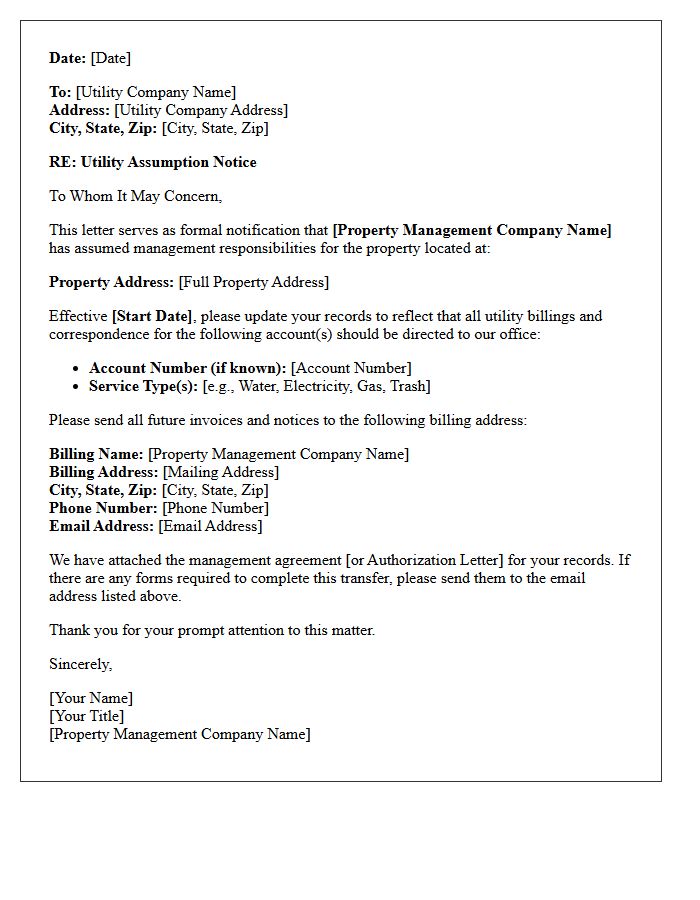 Property Management Utility Assumption Letter