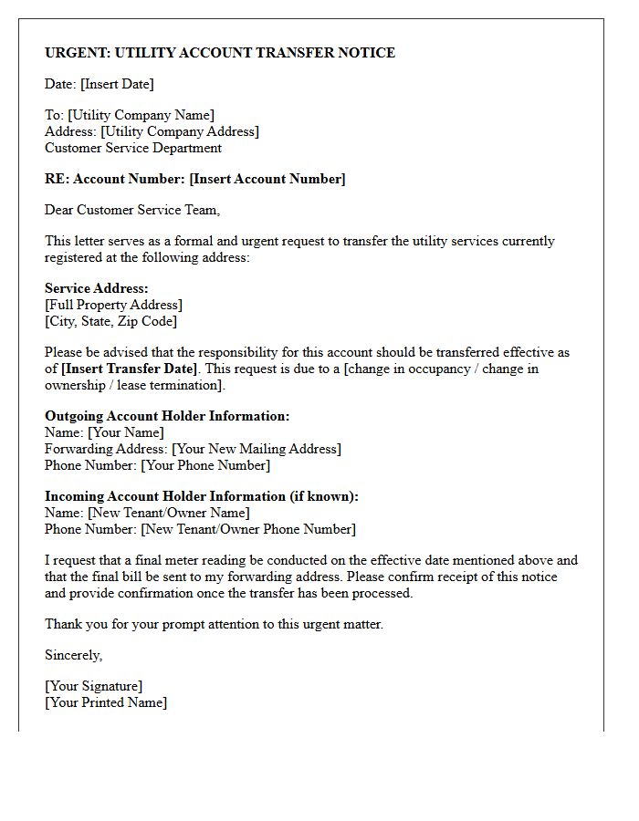 Urgent Utility Account Transfer Notice Letter