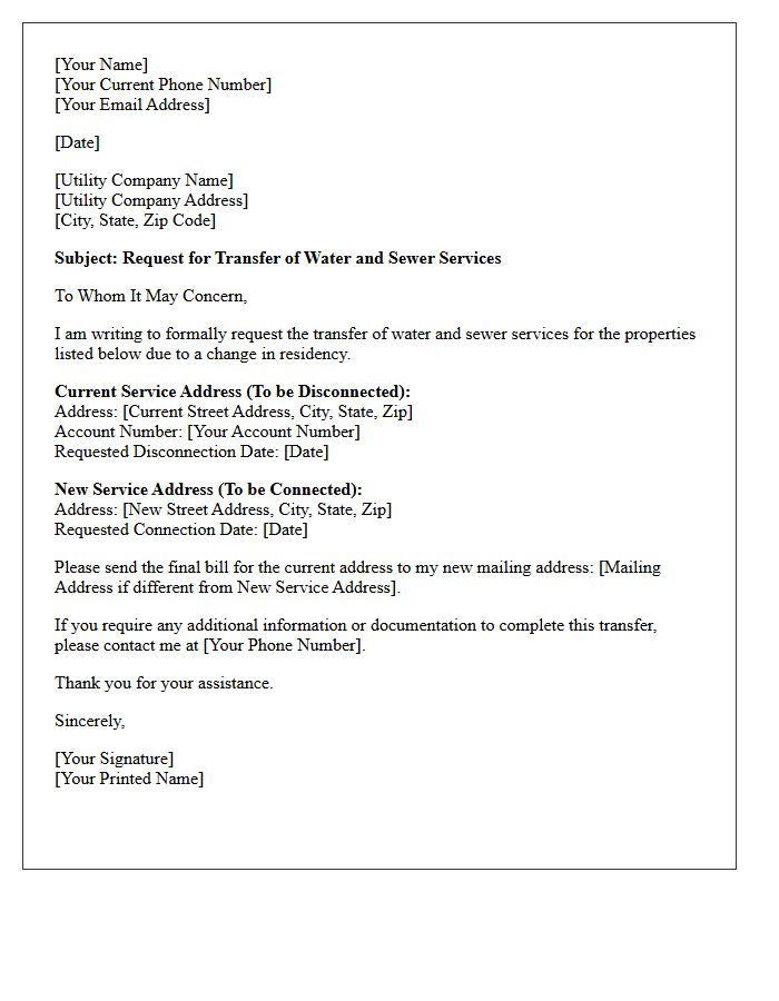 Water and Sewer Utility Transfer Letter