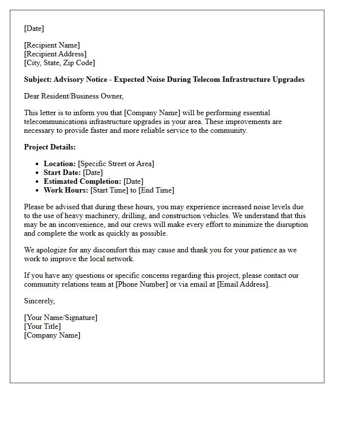 Letter of Advisory for Expected Noise During Telecom Infrastructure Upgrades