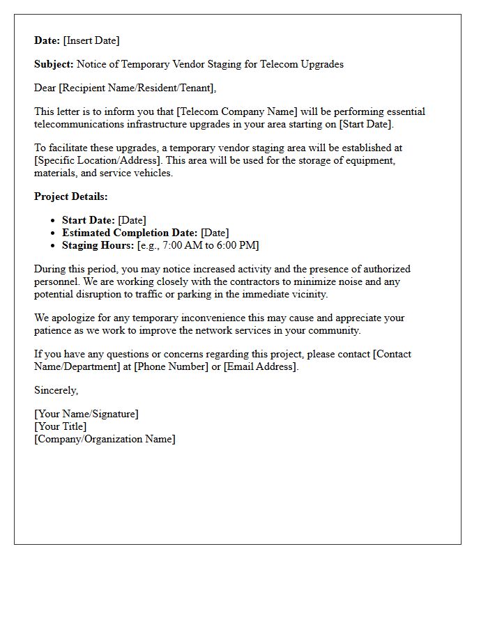 Letter of Notice for Temporary Vendor Staging During Telecom Upgrades