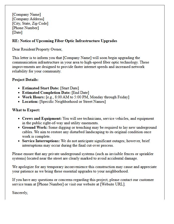 Letter of Notice for Upcoming Fiber Optic Infrastructure Upgrades