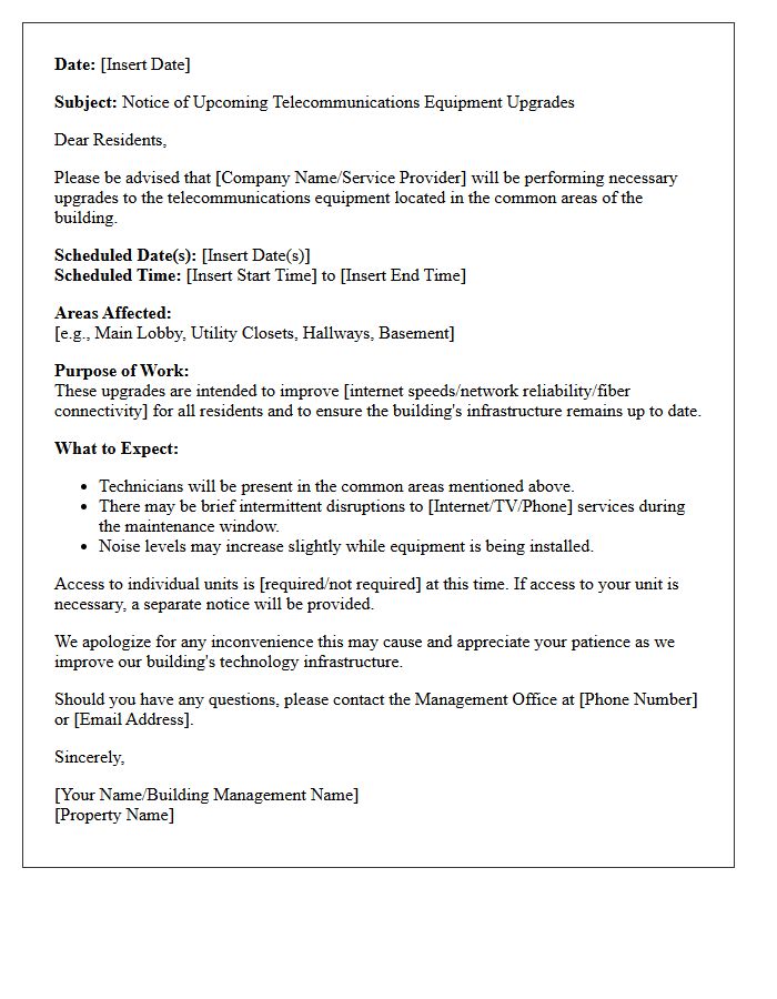 Letter of Notice Regarding Common Area Telecom Equipment Upgrades
