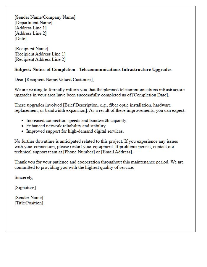 Letter of Notice Regarding Completion of Telecom Infrastructure Upgrades
