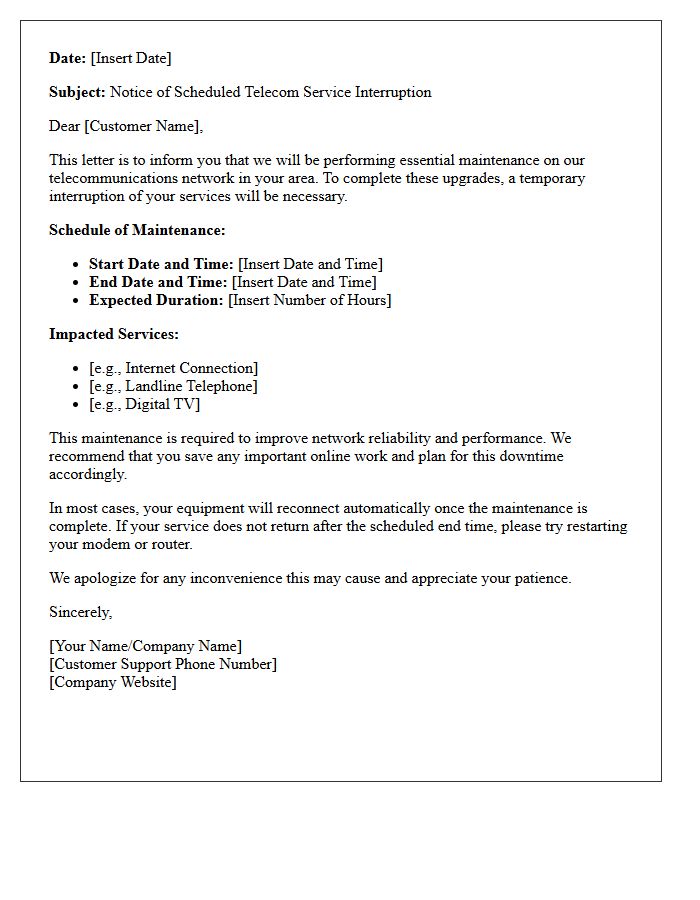 Letter of Notice Regarding Scheduled Telecom Service Interruption