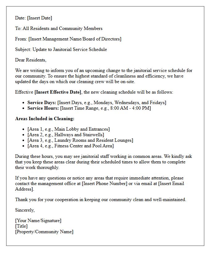 Community Letter Outlining Updated Janitorial Service Days
