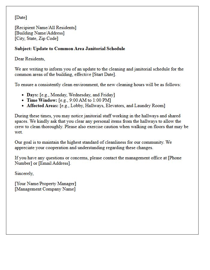 Letter Regarding Common Area Janitorial Schedule Update