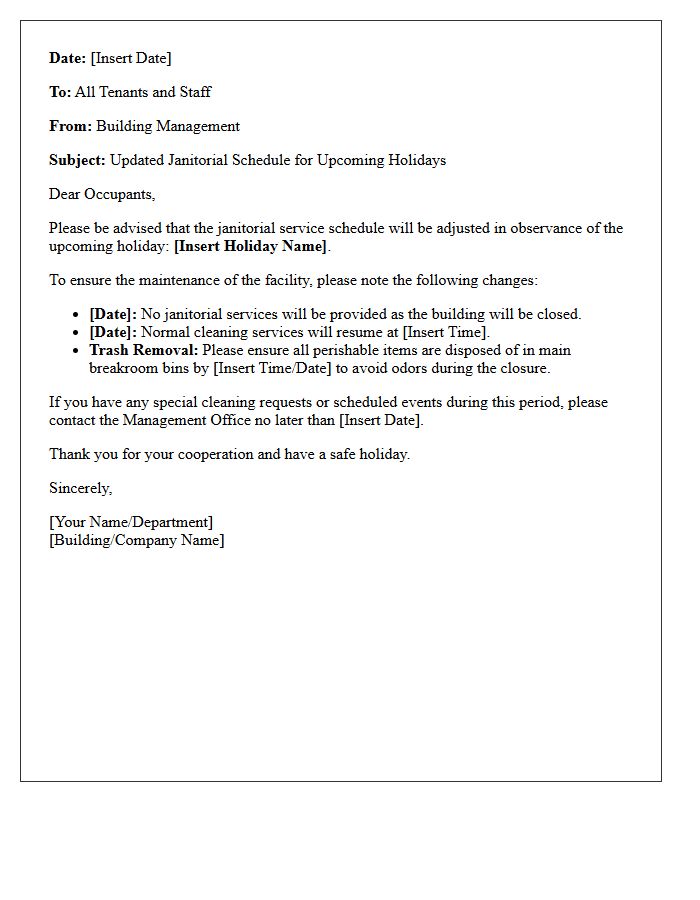 Management Letter Detailing Holiday Janitorial Schedule Updates