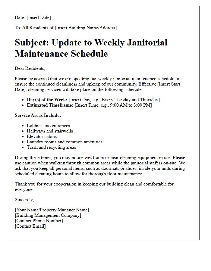 Resident Update Letter for Weekly Janitorial Maintenance Schedule
