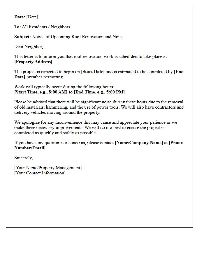 Notice of Roof Renovation Noise Letter