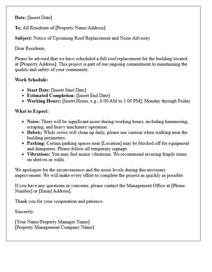 Property Management Letter Regarding Roof Replacement Noise