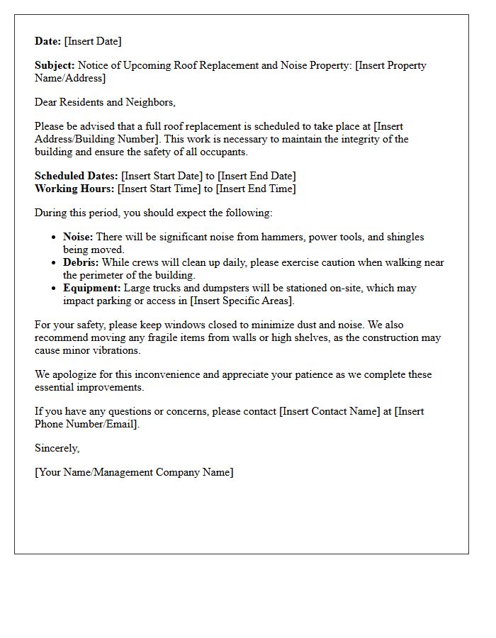 Roof Replacement and Noise Notification Letter