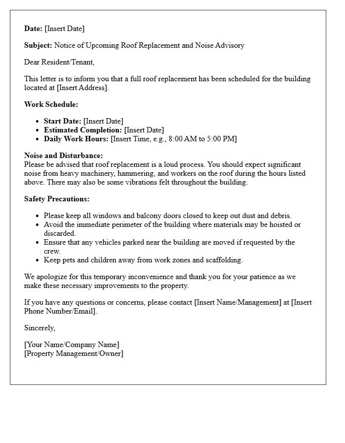 Roof Replacement Schedule and Noise Information Letter
