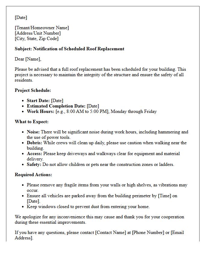 Scheduled Roof Replacement Notification Letter