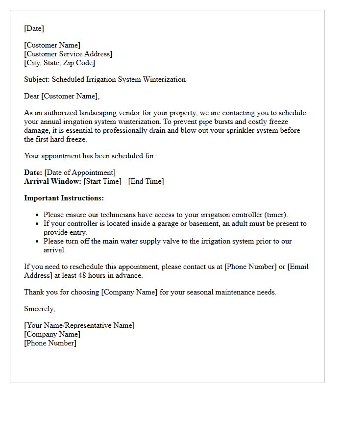 Authorized Landscaping Vendor Irrigation Winterization Appointment Letter