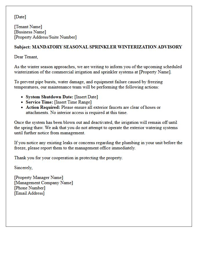 Commercial Property Seasonal Sprinkler Winterization Advisory Letter