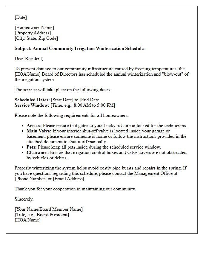 Homeowner Association Community Irrigation Winterization Schedule Letter