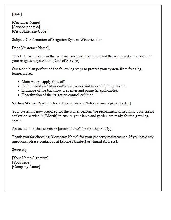 Irrigation System Winterization Completion And Service Confirmation Letter