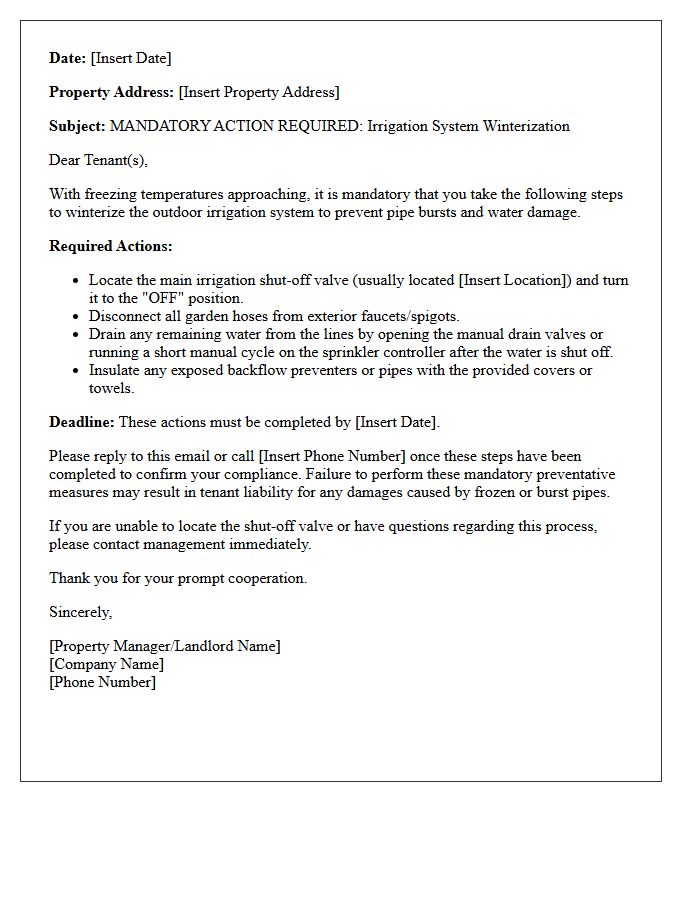 Mandatory Tenant Action Required For Irrigation Winterization Letter