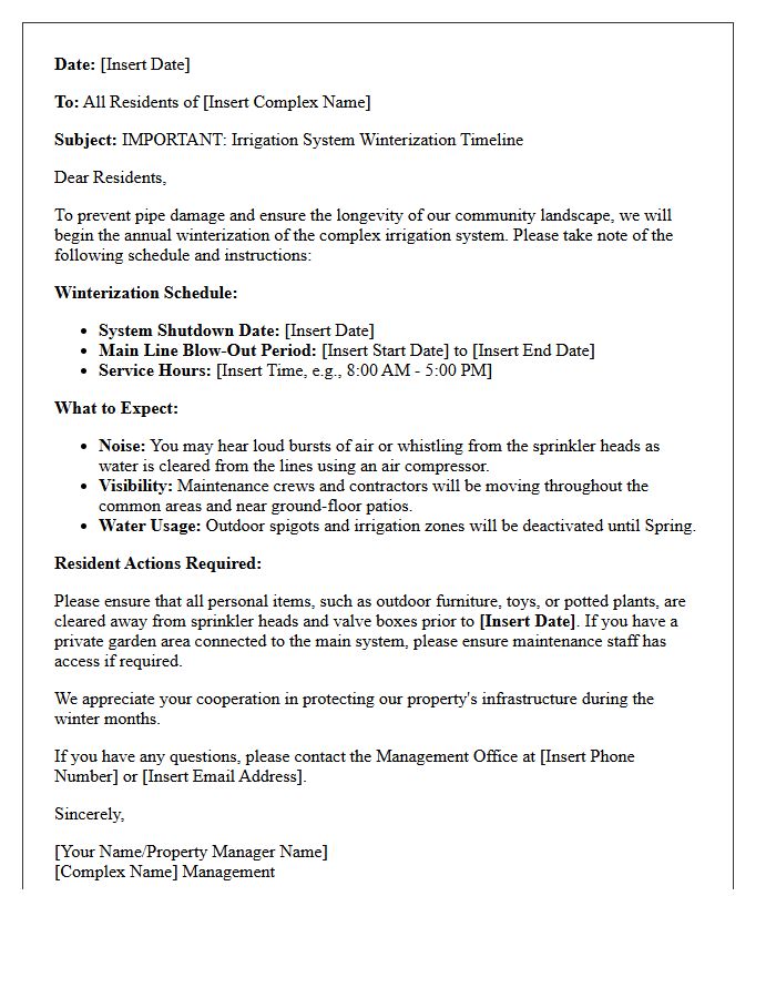 Multi-Family Complex Irrigation System Winterization Timeline Letter