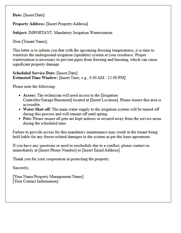 Standard Residential Tenant Irrigation Winterization Notice Letter