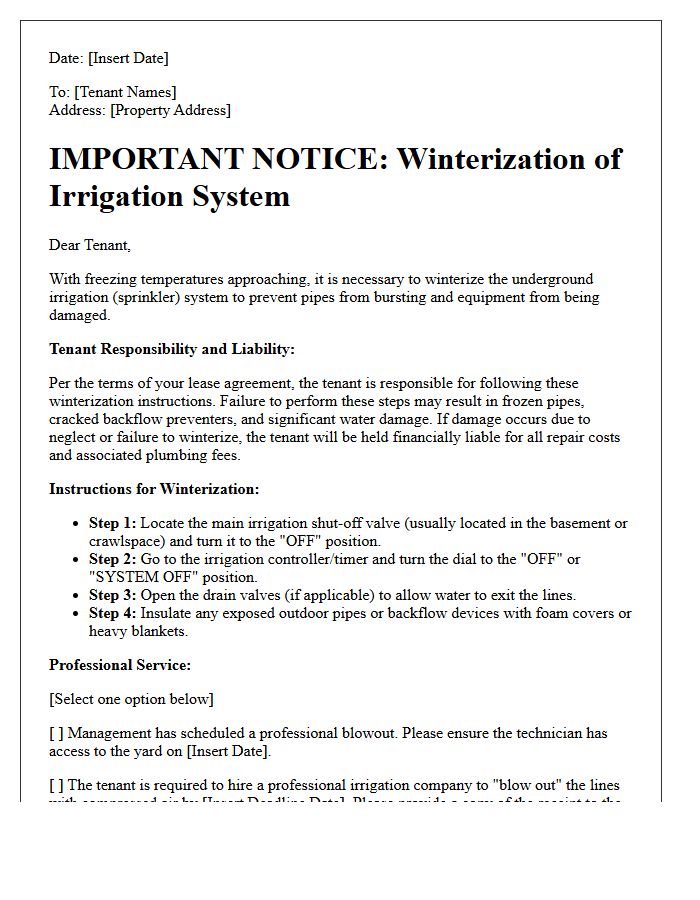 Tenant Liability And Irrigation Winterization Instructions Letter