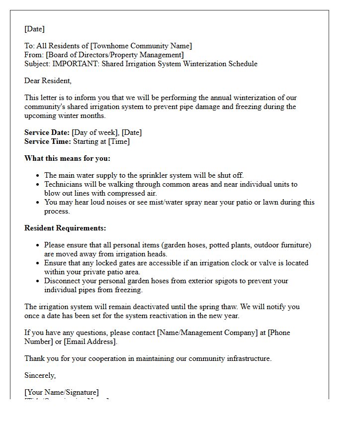 Townhome Community Shared Irrigation System Winterization Update Letter
