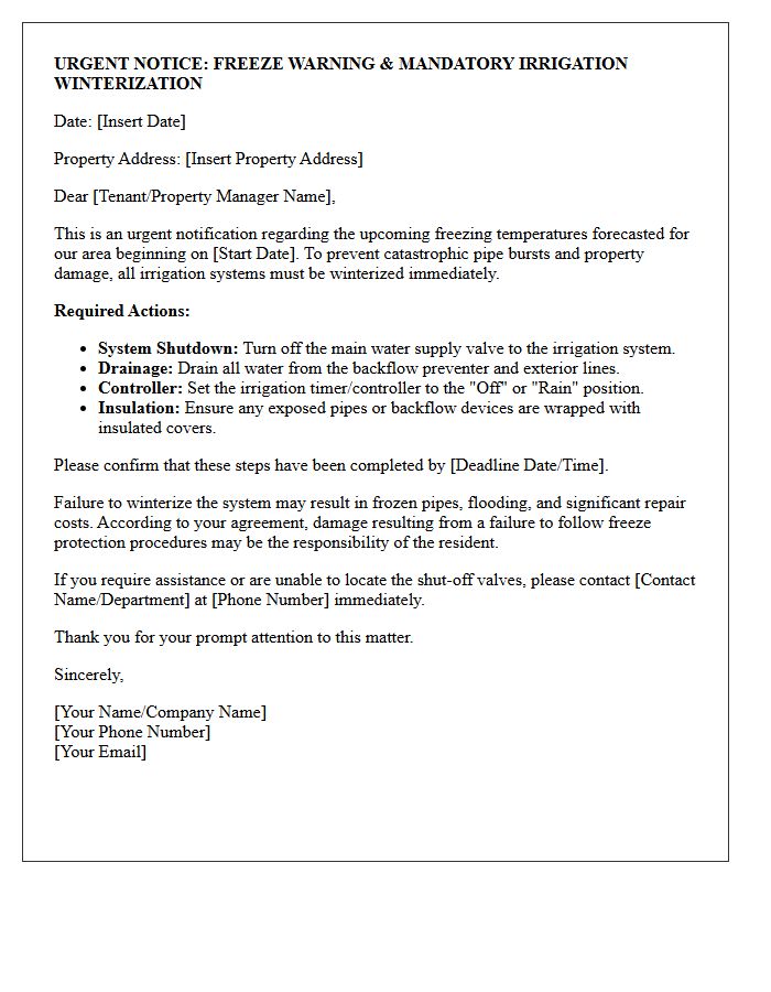 Urgent Freeze Warning And Irrigation Winterization Requirement Letter