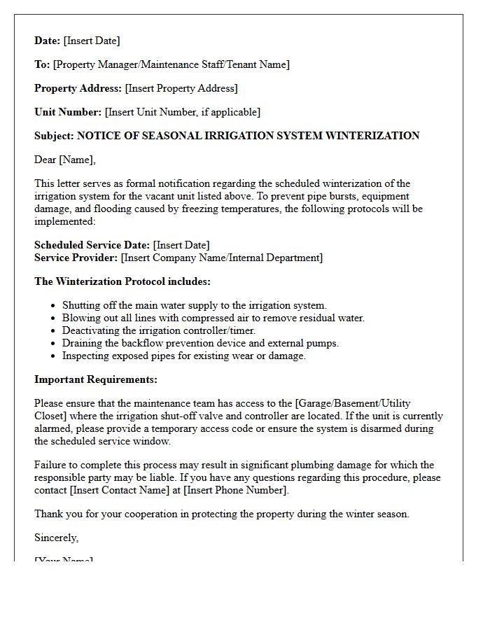 Vacant Unit Seasonal Irrigation System Winterization Protocol Letter