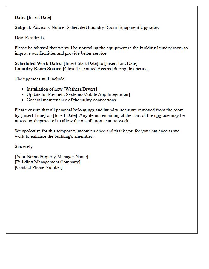 Advisory Letter for Scheduled Laundry Room Equipment Upgrades