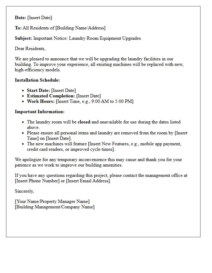 Building Announcement Letter for Laundry Room Equipment Upgrades