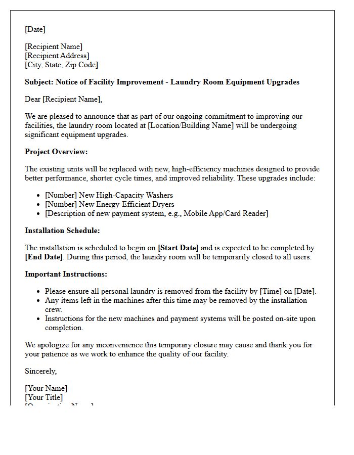 Facility Improvement Letter Detailing Laundry Room Equipment Upgrades