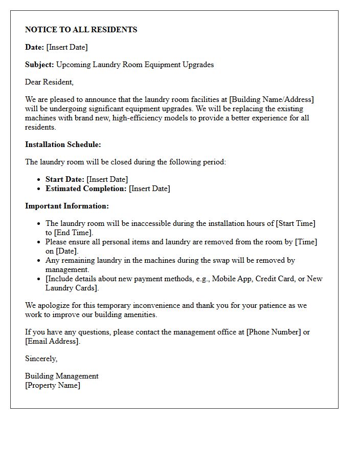 Letter of Notice for Laundry Room Equipment Upgrades