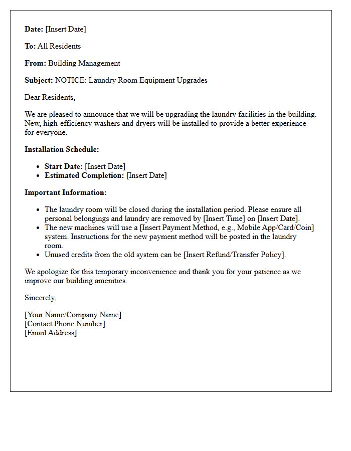 Management Letter Informing of Laundry Room Equipment Upgrades