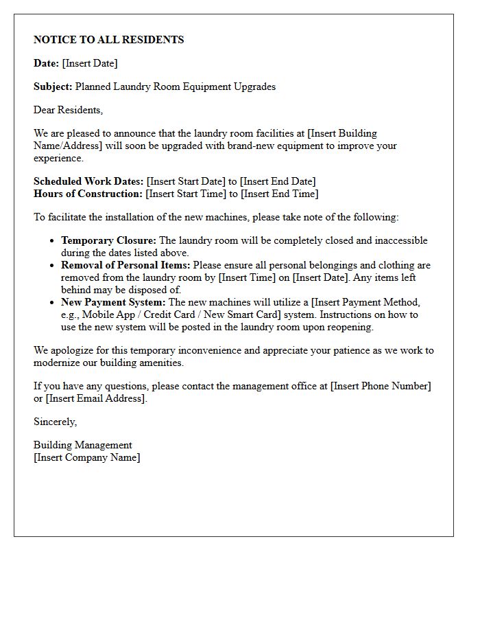 Notice Letter for Planned Laundry Room Equipment Upgrades