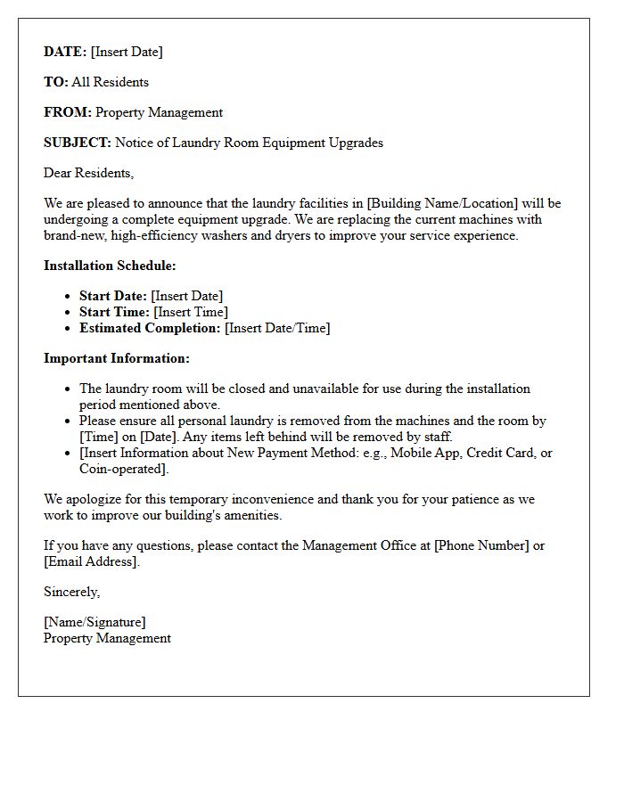 Official Notice Letter Announcing Laundry Room Equipment Upgrades